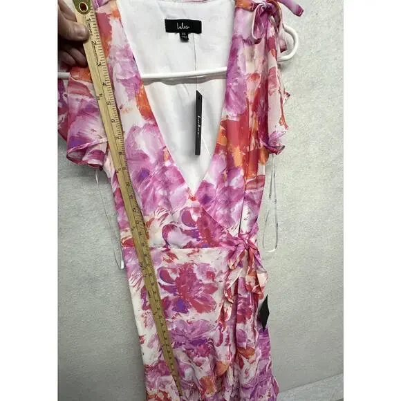 Lulus Dress Womens XS Lovable Aura Pink Floral Print Tiered Midi Wrap Dress - Picture 7 of 11